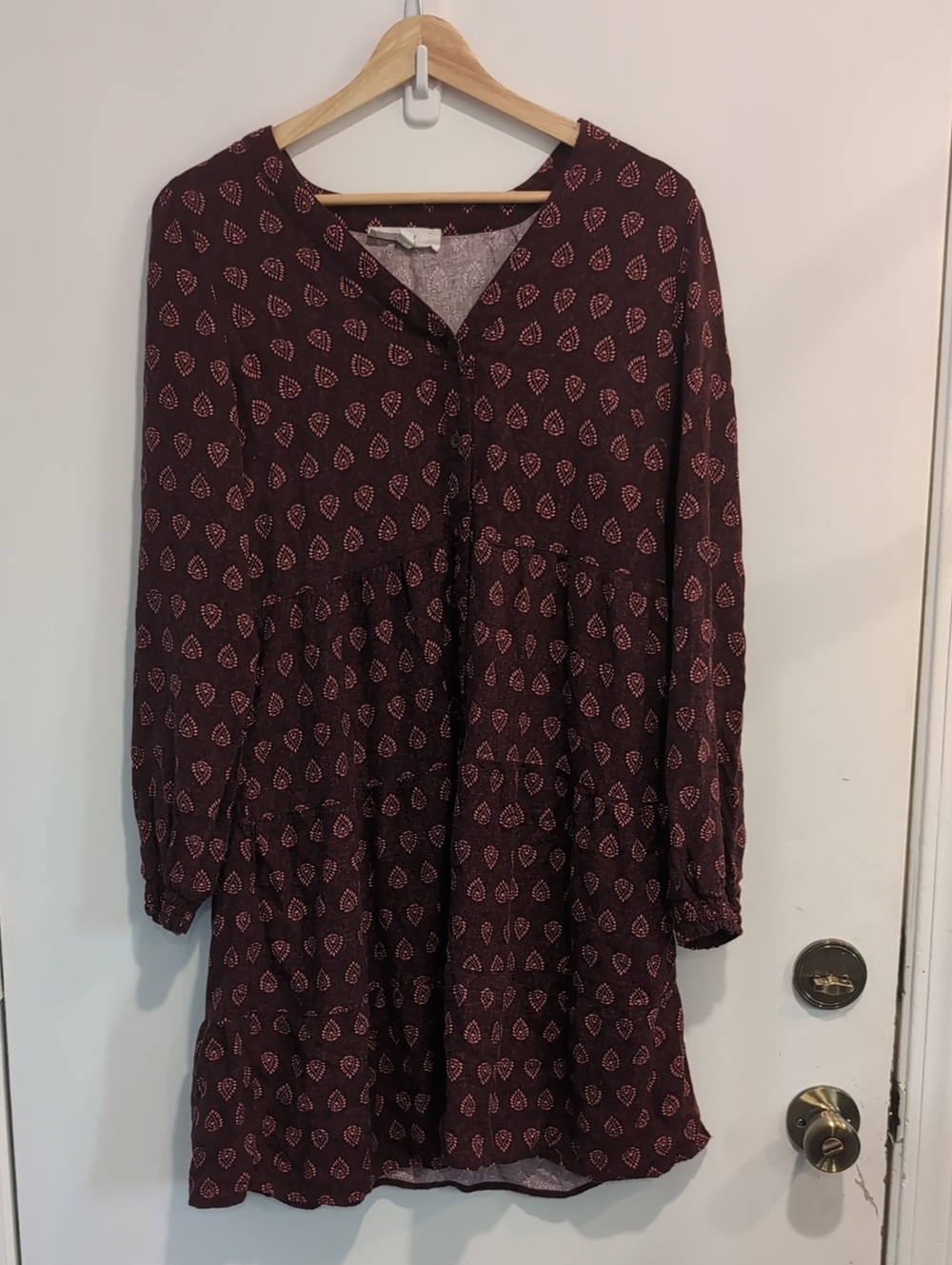 Lucky Brand Burgundy Patterned Tiered Button-Front Long Sleeve Midi Dress Large